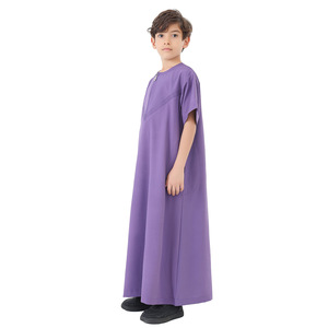 Túnica con cremallera de manga corta y cuello redondo para niños árabes musulmanes de Oriente Medio, caftán Thobe Thawb de Color sólido para niños - Product Image 4