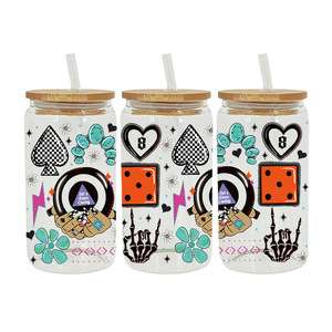 Envoltura UV DTF para latas de vidrio de 16 oz con diseños de tablero de ajedrez, dados y dibujos animados, y pegatinas UV DTF de vaquera del oeste - Product Image 2