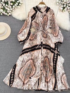 Vestidos Elegantes Estampados de Moda para Mujer, con Manga Farol, Cuello Redondo, Ajustados y con Botones - Product Image 3