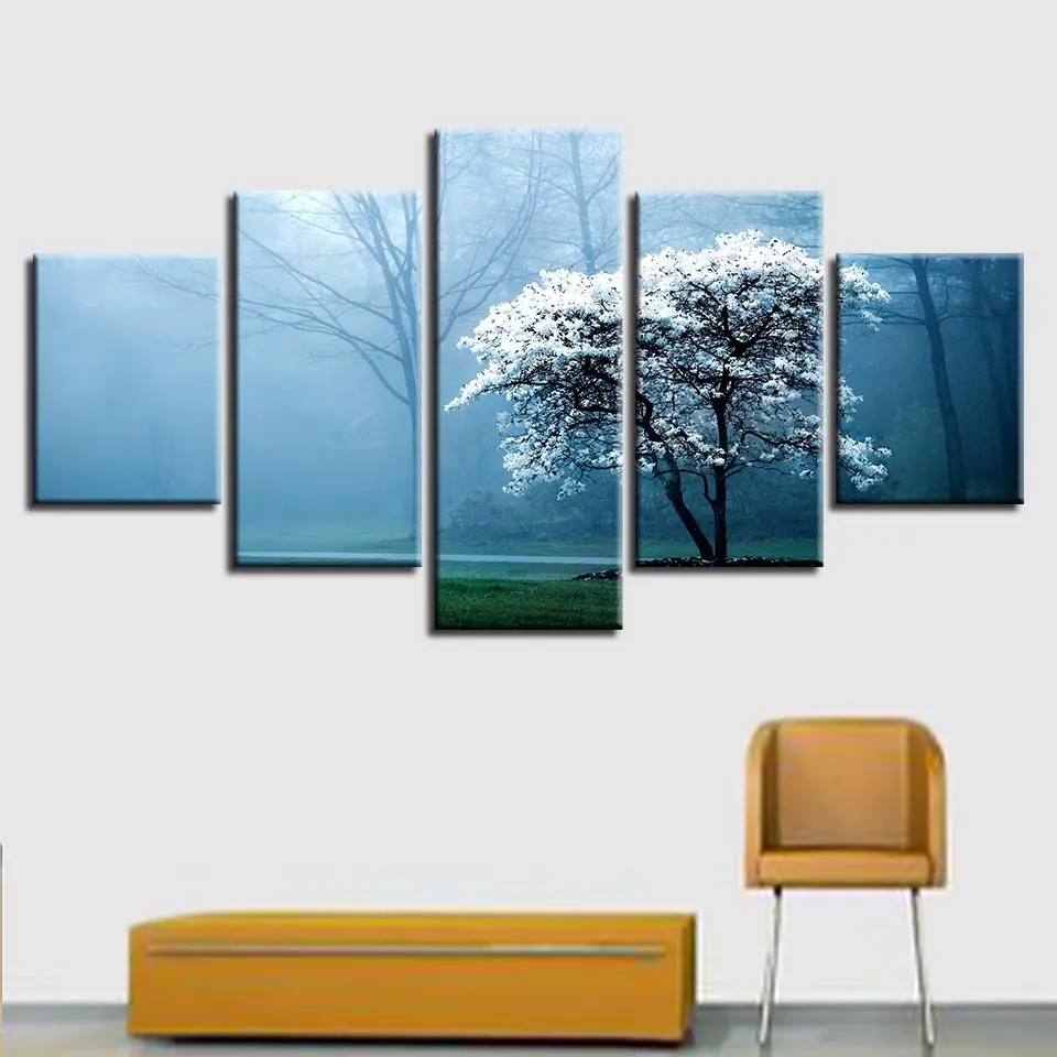 China manufacturer hot sale landscape 5 panel canvas prints trees painting
