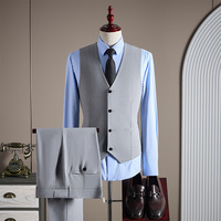 Jas Pria Premium Double Breasted Empat Kancing V-Neck Motif Kotak-Kotak Setelan Tiga Potong Slim Fit Bisnis Formal Pernikahan Jas Pria