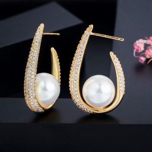 American Gold Plated Cubic Zirconia <strong>U</strong> <strong>Shape</strong> Hoop Bridal <strong>Earrings</strong> with Round Imitation Pearl Women <strong>Earrings</strong> Jewelry for Wedding - Product Image 2