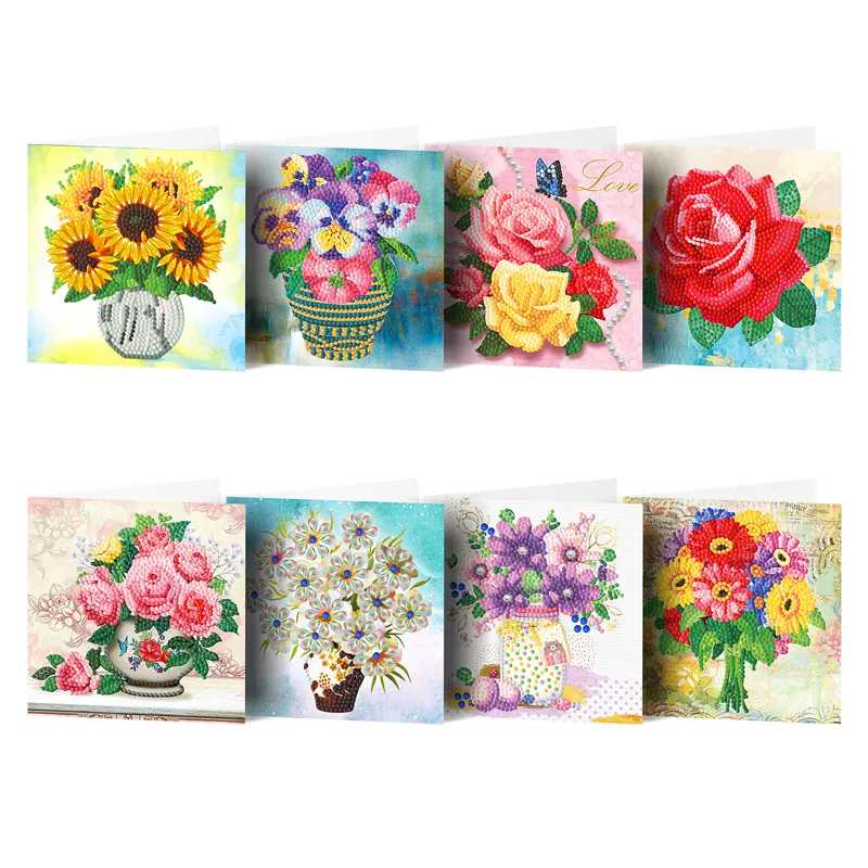 8 Stück Pack Blumen 5d Diamant Malerei Grußkarten Kits Diy Geschenke Gute Wünsche Postkarte für Muttertag