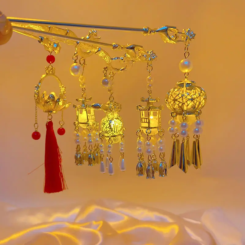 Chinese Traditional Style Lamp Pearl Hair Accessories Luminous Lantern Hairpin For Women Metal Hair Clip Hairpins
