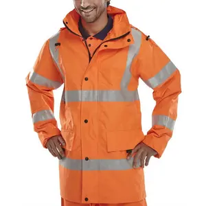 Sıcak satış yüksek görünürlük turuncu örgü astar ray yol işçisi su geçirmez Hi Vis yansıtıcı güvenlik iş giysisi ceket