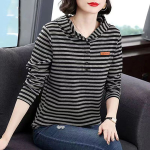 Women's Striped Long Sleeve T-Shirt Stand Collar Loose Fit Autumn Base Layer Hooded Design Inner Wear Plus Size - Product Image 1