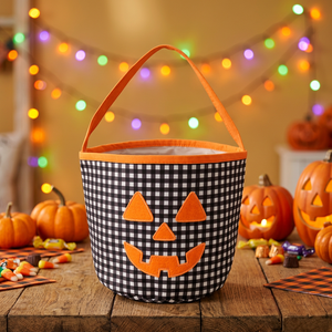 Cesti e Sacchetti di Halloween con Volant a Quadretti per Decorazioni per Feste, Sacchetti per Dolcetti o Scherzi, Secchielli di Halloween con Monogramma e Faccia di Zucca - Ingrosso - Product Image 6