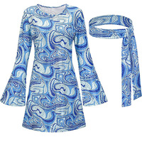 Costume d'Halloween pour femmes, style hippie des années 70, robe à manches cloche rétro, tenue de fête, avec bandeau, lunettes de soleil, collier de la paix