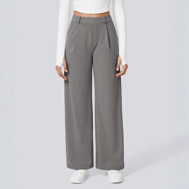 Wholesale Women High Waist Wide Leg Trousers Pleated Front Structured Fabric Office Business Meeting Casual Chic Ladies