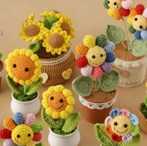 Pot de fleurs au crochet en forme de tournesol, petite plante en pot pour décoration de mariage, pour voitures, pour la Fête des Mères, Pâques et Thanksgiving, avec tige - Product Image 1