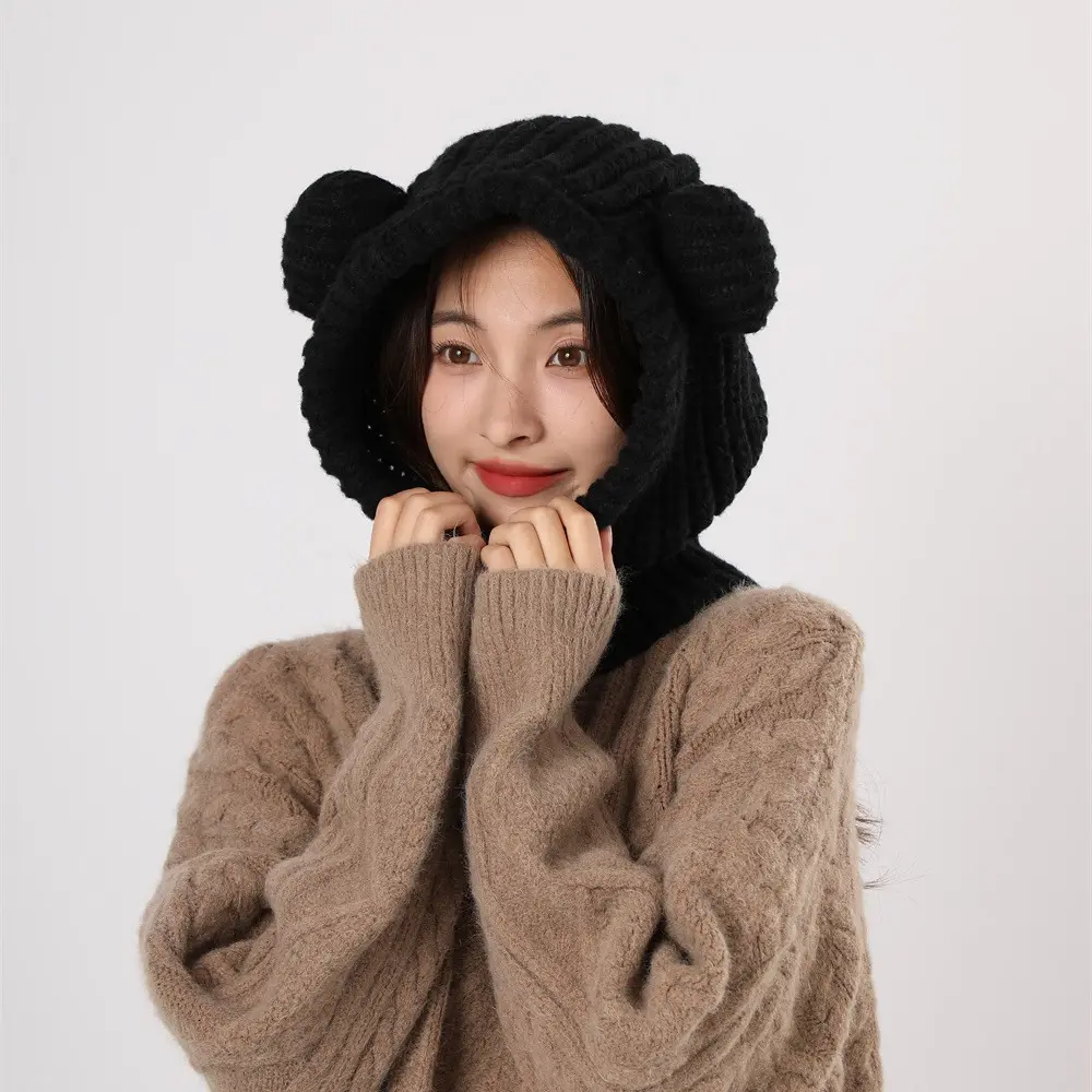 Windproof gấu Beanie với tai đan Balaclava ấm trùm đầu khăn dễ thương màu rắn dày cổ ấm Beanies cho phụ nữ