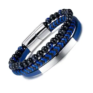 Custom Logo Street Jewelry Personality Hip-hop Blue Weave Black Glass Stone Magnetic Stainless Steel Mens Leather Bracelet