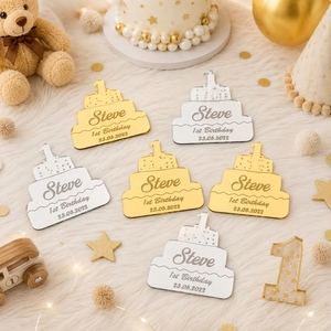 Étiquettes personnalisées en acrylique pour le premier <span class=keywords><strong>anniversaire</strong></span>, en forme de gâteau, avec nom et date personnalisés, remerciements, faites à la main, imperméables, décoration de fête pour bébé - Product Image 1