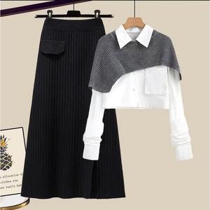 Ensemble pull tricoté Dalang pour femme, jupe taille haute ample avec haut chemise, mode hiver, anti-boulochage, épaisseur moyenne - Product Image 4