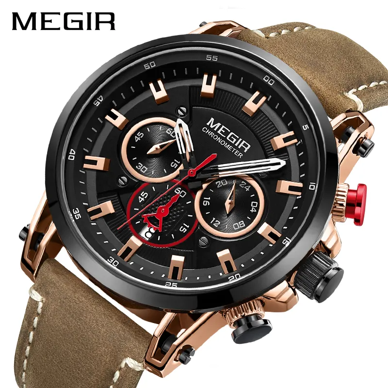 MEGIR2085安い男の子ブラッククォーツ時計高品質PUレザーバンド耐水性クロノグラフミニマルスポーツウォッチキット