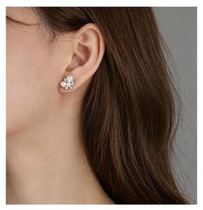 Freshwater <b>Pearl</b> Stud <b>Earrings</b> With Round Brilliant Cut <b>Diamonds</b> 925 Silver Flower Design Classic Women's Wedding Jewelry - Product Image 3
