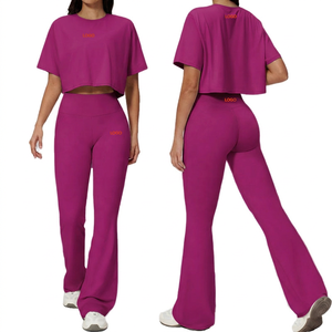 Women Solid 2PCS Yoga Set Crop Top High Waist <b>Pants</b> <b>Spandex</b> Cotton Breathable Full Length Crew Neck Short Sleeve Athletic Wear - Product Image 2