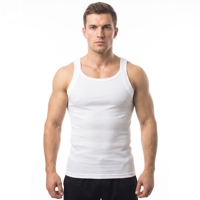 Débardeur de sport blanc côtelé sans manches à col rond coupe ajustée pour homme, personnalisable avec logo OEM/ODM, idéal pour la gym, l'entraînement et la course à pied