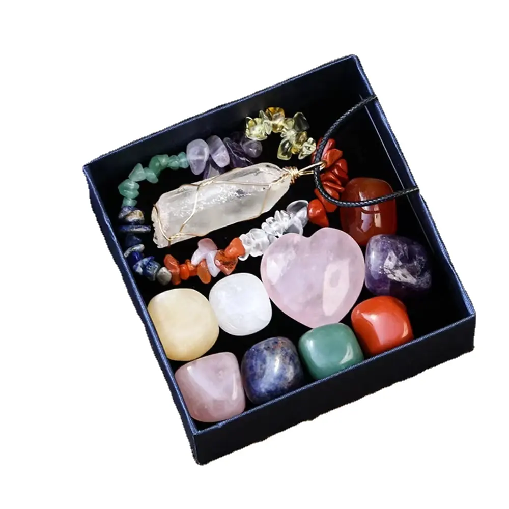 Großhandel Naturedelstein 7 Chakra Steine Armbänder Anhänger Stolper Heilung Steine Kristall Geschenkbox 7 Chakra-Set für Geschenke