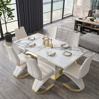 Ensemble de table à manger moderne de luxe 6 places en marbre, siège en pierre frittée, verre et métal pour la maison, l'hôtel, la cuisine, le restaurant, meubles