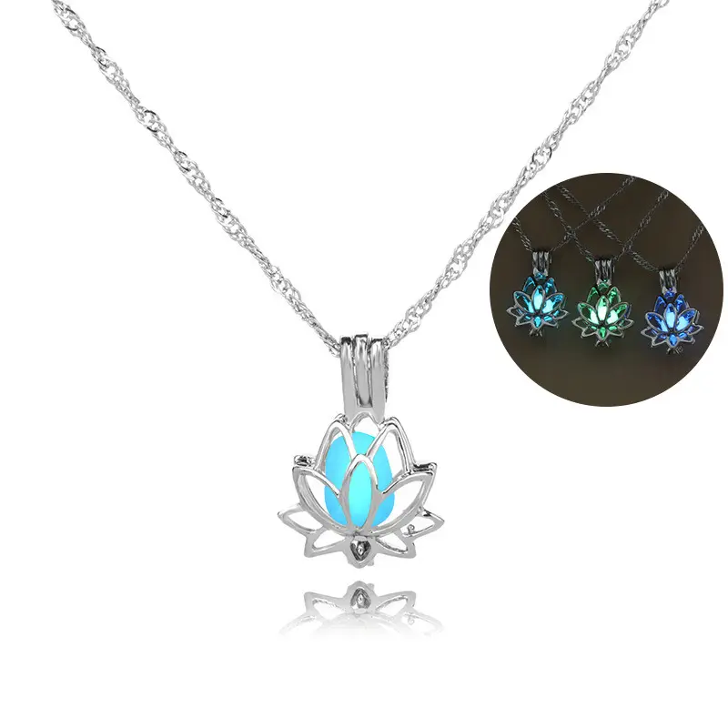 Silver Luminous Stone Bead Glow In The Dark Lotus Flower Shaped Pendant Necklace For Women Yoga Prayer Buddhism Jewelry