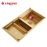 Évier de cuisine YINGTAO, nouveau design, à encastrer, finition dorée polie, noir, contemporain, double bac, pour intérieur