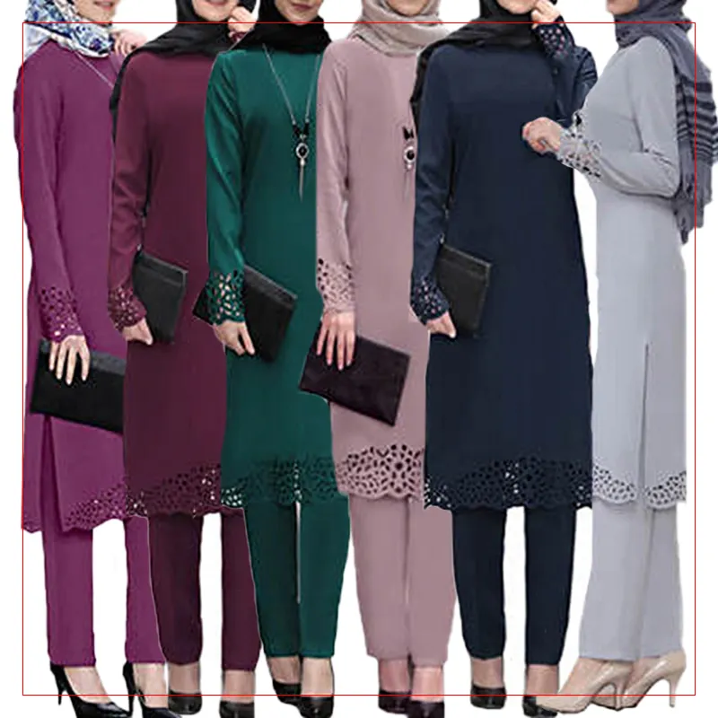 Bộ 2 Chiếc Đầm Nữ Thanh Lịch Hiện Đại Màu Trơn Đầm Hồi Giáo 100% Sợi Nhân Tạo Quần Áo Hồi Giáo Thường Ngày Màu Trơn