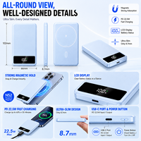 Batterie externe magnétique ultra-fine sans fil 4800mAh PD 22.5W à charge rapide avec écran LCD numérique, batterie Li-polymère, chargeur de téléphone