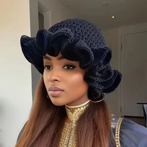 Nouveau bonnet tricoté à la main en acrylique, couleur unie, avec dentelle et bord à volants, style Halloween, à enfiler, avec bord souple - Product Image 6