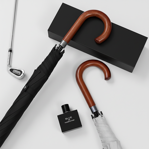 Parapluie droit de golf promotionnel semi-automatique à manche en bois coupe-vent britannique, impression personnalisée de logo en gros - Product Image 3