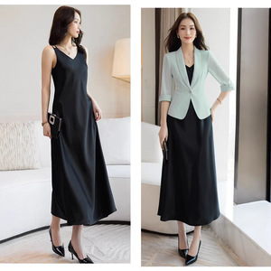 Acetate Satin Slip Dress V-Neck Mid Length Solid Color Elegant For Layering Women's Evening Dress With Blazer Option - Product Image 1