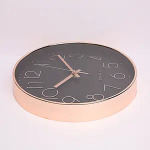 Unique Modern Decorative Plastic Highlight Rose Gold Frame 3D Embossed Number Creative Elegance Round Black Wall Clock Custom