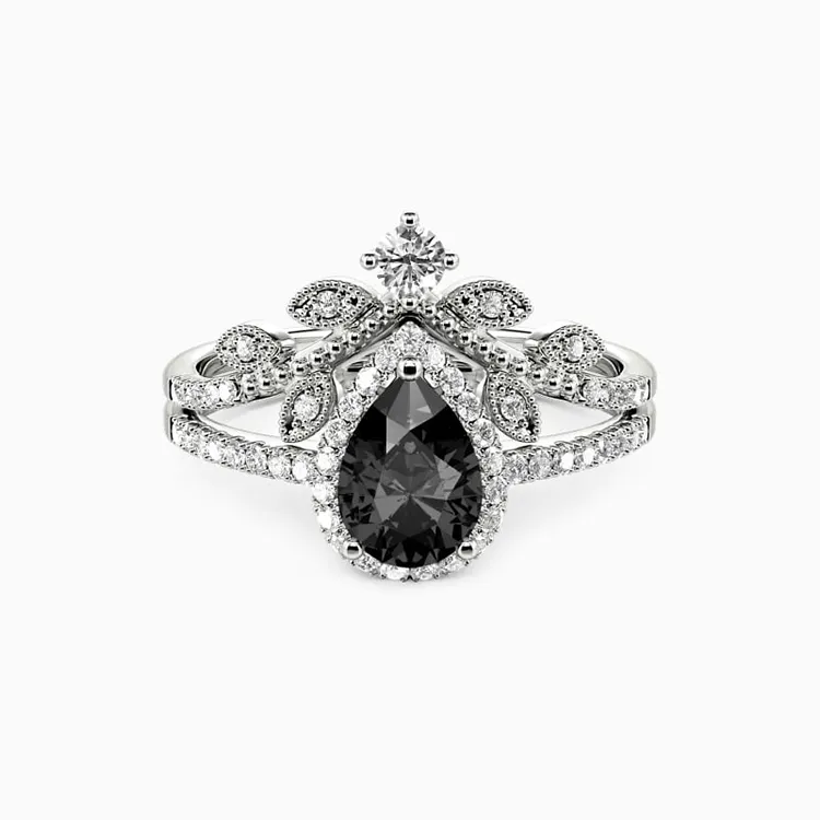 SGARIT Perhiasan Trendi Cincin Moissanite Hitam dengan Cincin Keabadian 14K Emas Putih 1CT Pear Cut Moissanite Berlian Cincin Pernikahan Set