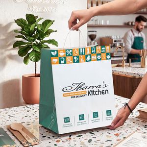 Sacs en papier kraft à poignée plate, biodégradables, recyclables, écologiques, imprimés avec un logo personnalisé, pour restaurants - Product Image 5