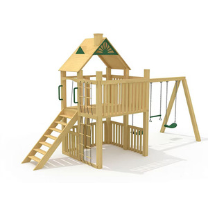 Conjunto de juegos infantiles personalizado de fábrica, no estándar, con escaleras, tobogán y columpio - de madera natural, apto para niños, para exteriores - Product Image 1