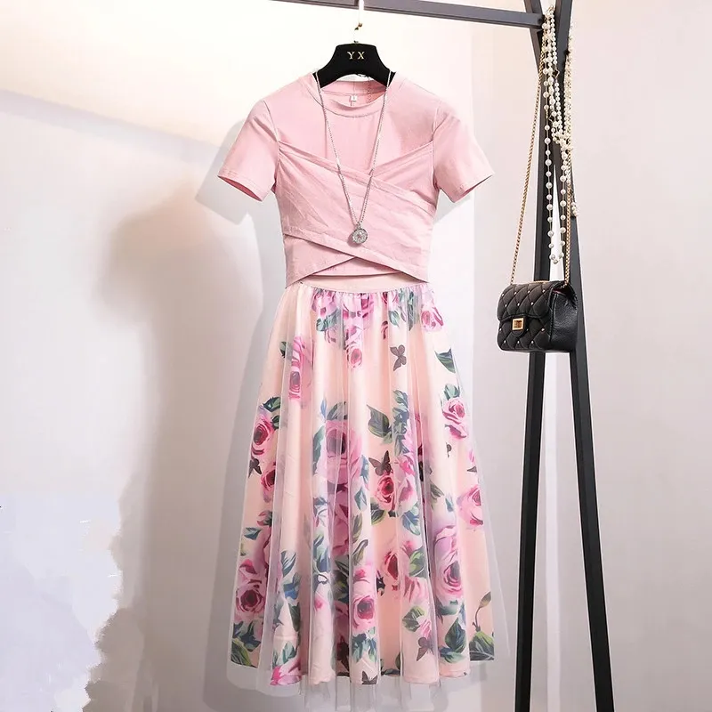 Summer Women 2 Piece Set Fashion Pink Cotton Bowknot Short T Shirt + Mesh Floral Print Big Swing Long Skirt Suits
