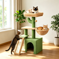 Tour pour chat compacte vert beige en forme de cactus avec rampe à gratter en sisal, hamac, niche fermée et perchoir de fenêtre, mobilier d'intérieur pour chat
