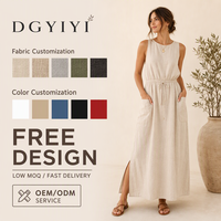 Gaun Midi Grosir Bahan Linen Campuran Kerah Bulat Lengan Pendek Wanita Model Terbuka di Bagian Bawah Kasual Musim Panas Logo Kustom OEM Gaun Midi