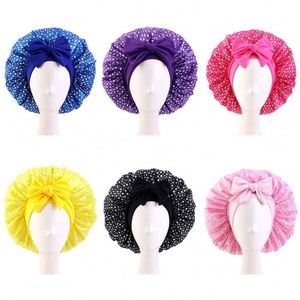 Bonnet de nuit réglable pour femme en satin imprimé à sequins avec nœud, idéal pour la promotion et les cadeaux - Product Image 2