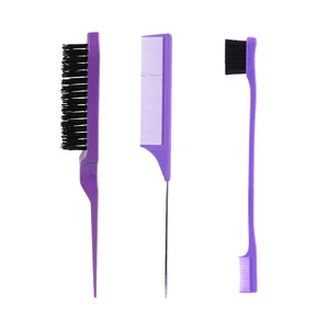 3Pcs Dual Sided Eyebrow Brush, Boars Hair Brush Set Detailing, Rat Tail Comb Steel Pin And Edge Teasing Brush Set