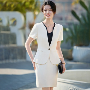 Professional Women's Short Sleeve Suit Pencil Skirt Set Breathable Polyester Summer Workwear for Office Hotel Beauty Salon Staff - Product Image 1