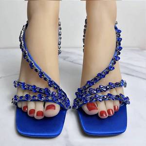 Chaussures de soirée bleu royal/vert, design sexy, mules tendance, talons carrés sexy pour l'été - Product Image 3