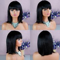 Wig Bob Pendek Lurus Tanpa Lace, Rambut Manusia Mentah Kamboja Asli, Full Machine, Dengan Poni, Untuk Wanita Kulit Hitam, Tampilan Alami