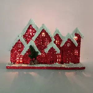 บ้านไม้ขนาดเล็กงานประดิษฐ์สำหรับตกแต่งเทศกาลคริสต์มาสบ้านไม้แอลอีดีสำหรับงานตกแต่งเทศกาล