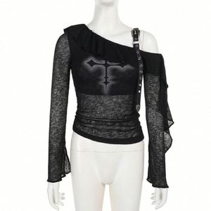Tops góticos de verano Y2K para mujer, camisas sexis Punk con hombros descubiertos con volantes y mangas largas, vestidos elegantes en tallas grandes - Product Image 4