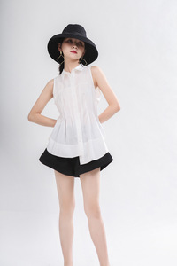 2020 femmes taille plissée sans manches Blouse Structure tridimensionnelle grand Arc ourlet plissé taille chemise blanche - Product Image 6