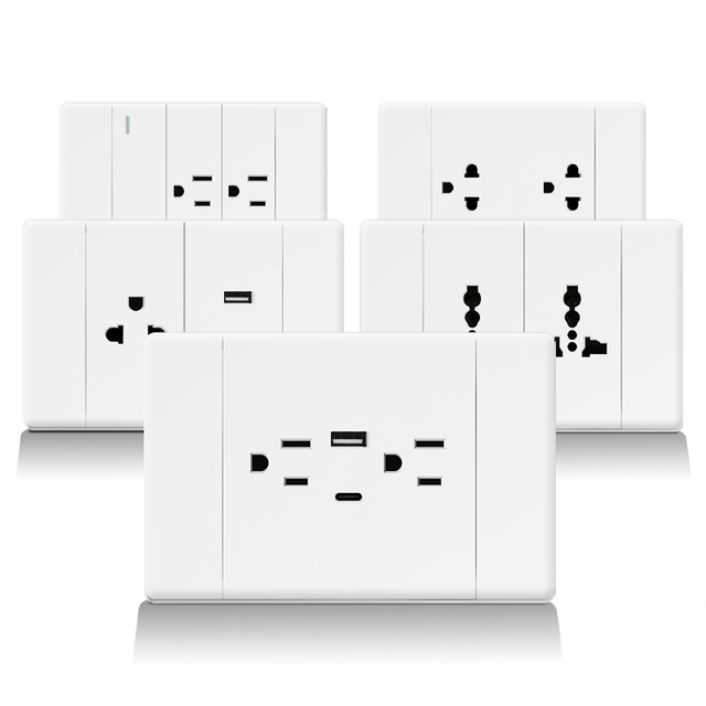 KSQ American Standard Wall Type C USB Dual Power Socket with 2 AC Outlets 15A Plastic Standard Grounding 220V