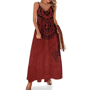 samoan puletasi plus size women's casual dress polynesian tribal design maroon sling maxi dresses custom island dress