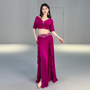 2024 Newest Sexy Deep V-neck tank Top Short Sleeve With High <strong>Split</strong> <strong>Skirt</strong> for Oriental Belly Dance Training Costumes Set - Product Image 1