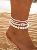 Ensemble de 4 bracelets de cheville en cuivre plaqué imitation perle blanche, multi-tailles, ronds, brillants, tendance, bijoux de plage pour femmes, cadeau